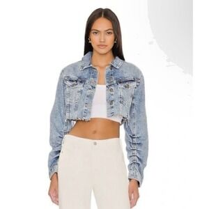 WE THE FREE Free People Size L Ollie Femme Crop Trucker Denim Jacket Aged Stone